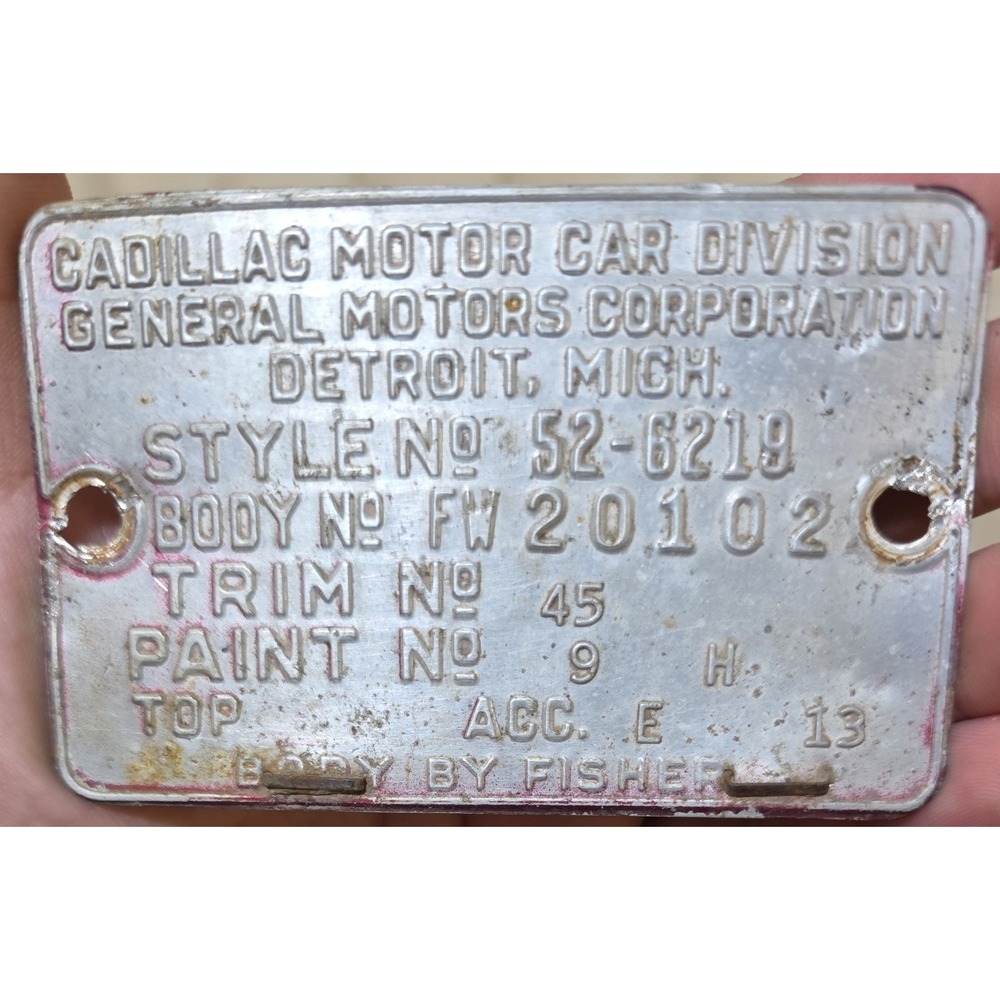 1952 Cadillac Series 62 Body Data Plate Trim Tag Detroit Michigan FW 20102